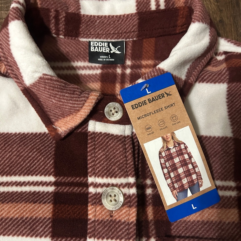 NWT Eddie Bauer Microfleece Plaid Shirt - Large - Ultrasoft & Anti-Pill